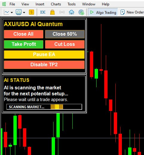 AXUUSD AI Quantum MT5 dashboard showing AI status scanner and trade control panel